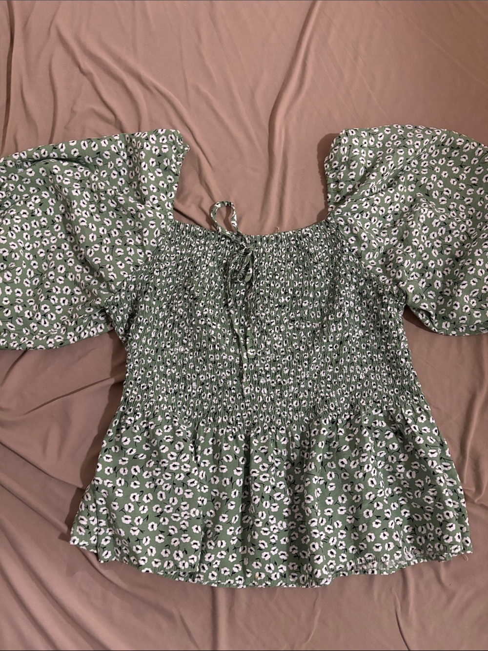 Smocked Green Floral Peplum Blouse with Puff Sleeves